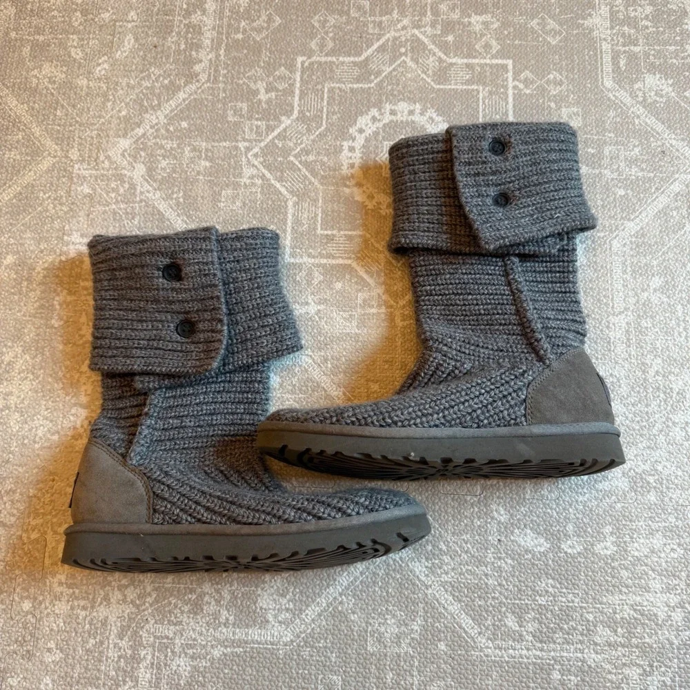 UGG Lattice Cardy Boots Women 7 Grey Knit Button Mid Calf Y2K